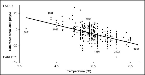 Scatterplot graph showing trend in earlier flowering time as temperature rises