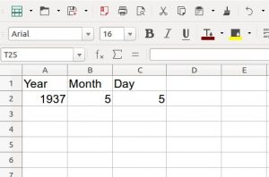 image of example excel spreadsheet with columns Year, Month, and Day
