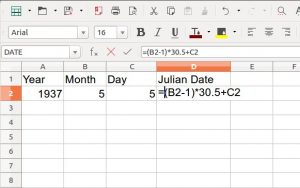 image of excel sheet showing formula to calculate Julian Date